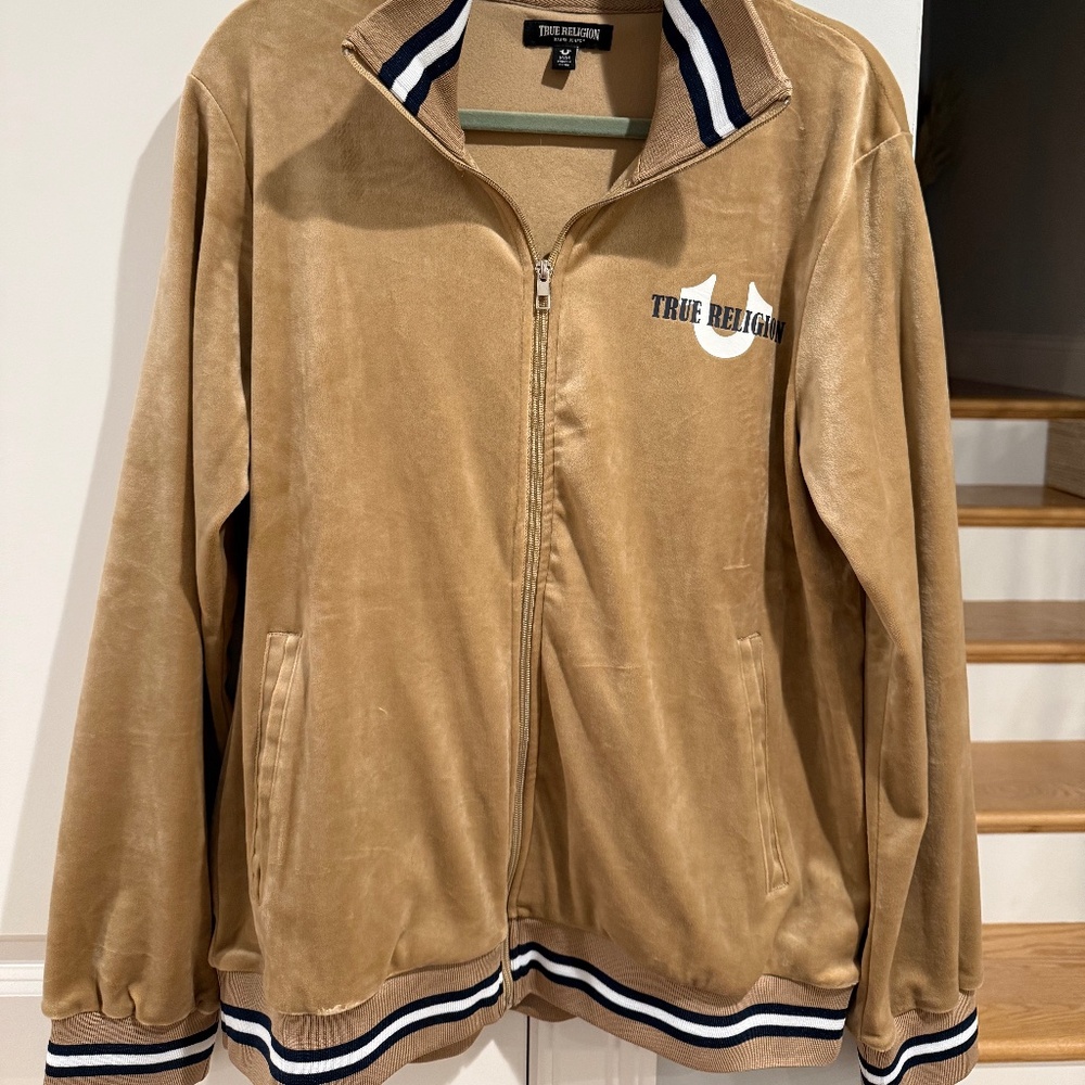 True Religion Velour World Tour Track Jacket, Mens Size Med, Gold with knit trim
